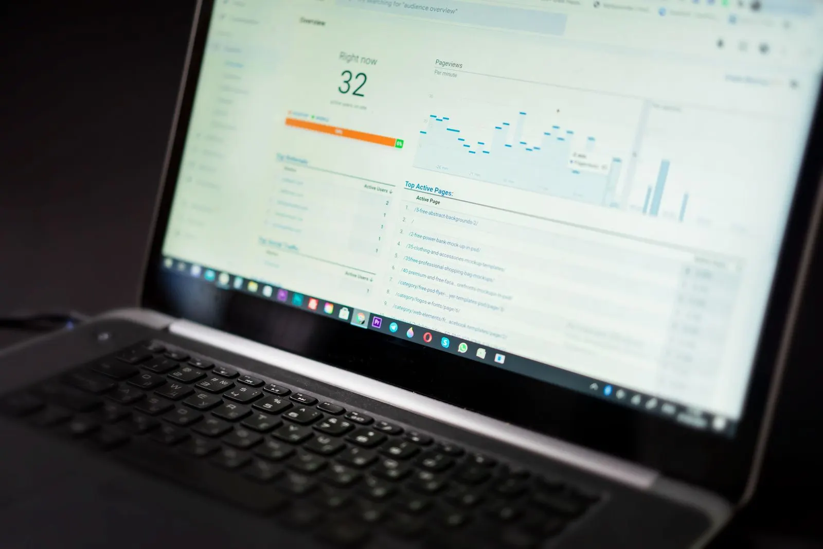 Laptop screen displaying an analytics dashboard with charts and graphs for tracking SEO performance data