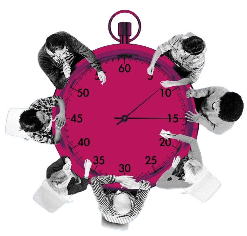 Team members around a stopwatch representing wasted time